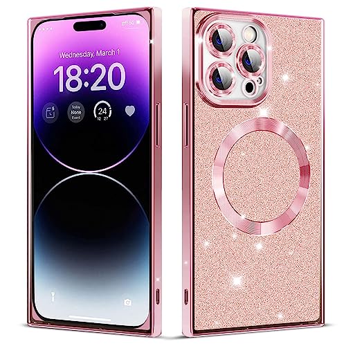 KERZZIL Girly Magnetische rechteckige Kanten Kompatibel mit iPhone 16 Pro Max Hülle [Kompatibel mit MagSafe] Niedliche Bling Glitzer Cover Fallschutz Anti-Kratzer Stoßfest - Rosa von KERZZIL