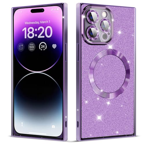 KERZZIL Girly Magnetische rechteckige Kanten Kompatibel mit iPhone 16 Pro Max Hülle [Kompatibel mit MagSafe] Niedliche Bling Glitzer Hülle, Fallschutz, Anti-Kratzen, Stoßfest - Lila von KERZZIL