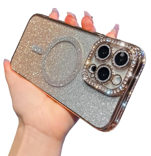 KERZZIL Girly Schutzhülle für iPhone 14 Pro, magnetische Glitzer-Diamanten, luxuriöse, trendige Beschichtung, glitzernde Rückseite mit Kameraschutz, kompatibel mit MagSafe für Damen und Mädchen, Gold von KERZZIL