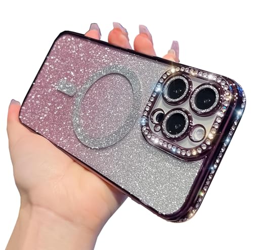 KERZZIL Girly Schutzhülle für iPhone 15 Pro Max, magnetische Glitzer-Diamanten, luxuriöse, trendige Beschichtung, glitzernde Rückseite mit Kameraschutz, kompatibel mit MagSafe für Damen und Mädchen, von KERZZIL