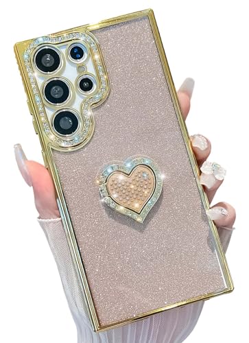 KERZZIL Luxuriöse Schutzhülle für Damen mit Herz-Diamant-Ständer, kompatibel mit Samsung Galaxy, glitzernd, weiche TPU-Schutzhülle für Damen (Gold, S25 Ultra) von KERZZIL