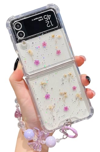 KERZZIL Schutzhülle für Damen mit niedlichem Umhängeband, kompatibel mit Samsung Galaxy Z Flip 4, Glitzer, echtes Floret, weiches TPU, milchgradig, stoßfest, Violett KERZZIL Schutzhülle für Damen mit niedlichem Umhängeband, kompatibel mit Samsung Galaxy Z Flip 4, Glitzer, echtes Floret, weiches TPU, milchgradig, stoßfest, Violett von KERZZIL
