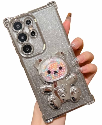 KERZZIL Trendiger Bärenständer, lockiger Wellenform, Rahmen, Glitzer, weiches TPU, kompatibel mit Samsung Galaxy Hülle (Silber, S22 Ultra) von KERZZIL