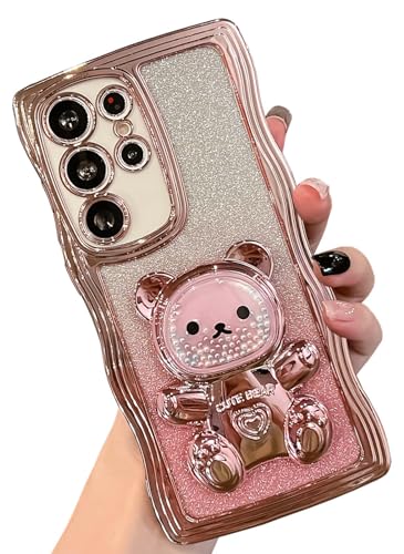 KERZZIL Trendy Bear Kickstand Curly Wave Shape Frame Bling Glitter Soft TPU Protective Compatible with Samsung Galaxy Case (Pink, S22 Ultra) von KERZZIL