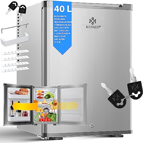 KESSER® Minikühlschrank mit Schloss, Minibar 40 Liter Nutzinhalt, Leise 22db, Abschließbar, Schlafzimmer, Wechselbarer Türanschlag, ca. 4°-16°C Höhe 57cm, Innenbeleuchtung Tisch-Kühlschrank Silber von KESSER