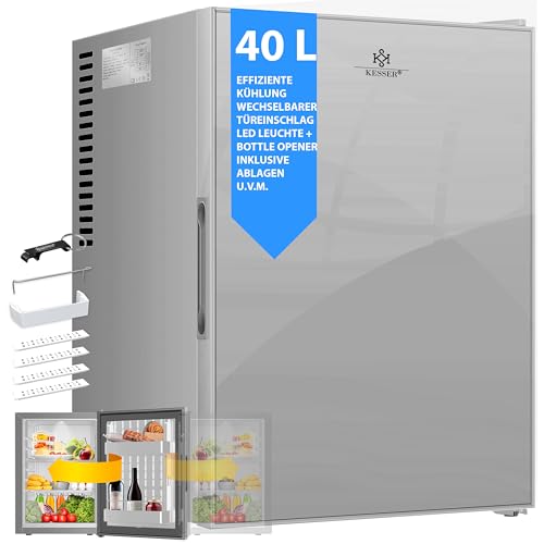 KESSER® Minikühlschrank mit Glasfront, Minibar 40Liter Nutzinhalt, Leise 22db, Abschließbar, Schlafzimmer, Wechselbarer Türanschlag, ca. 6°-12°C Höhe 57cm, Innenbeleuchtung Tisch-Kühlschrank von KESSER