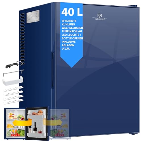 KESSER® Mini Kühlschrank 40L mit Glasfront Minibar ideal für Camping, Büro, Schlafzimmer, Hotel, Küche kleiner Kühlschrank komplett lautlos, wechselbarer Türanschlag, Innenbeleuchtung inkl. Glasöffner von KESSER