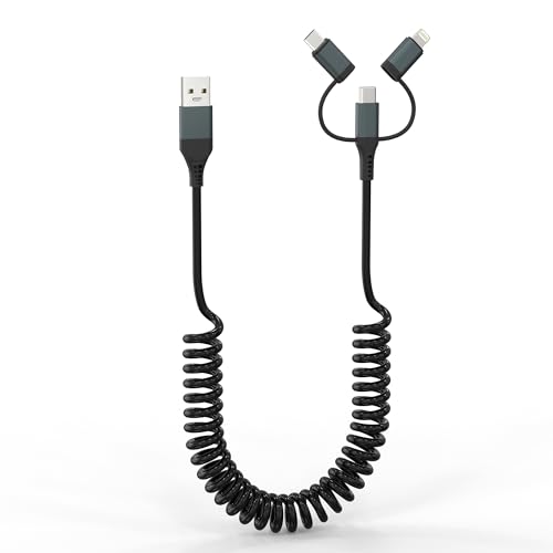 3 in 1 Spiralkabel USB auf Lightning für iPhone 16/15/14/13/12/iPad [MFi-Zertifizierung,Schnellladung] Spiralkabel USB iPhone Apple Carplay Kabel,USB zu USB C Kabel für iPhone 16/15/Samsung/Android von KETAKY Plus