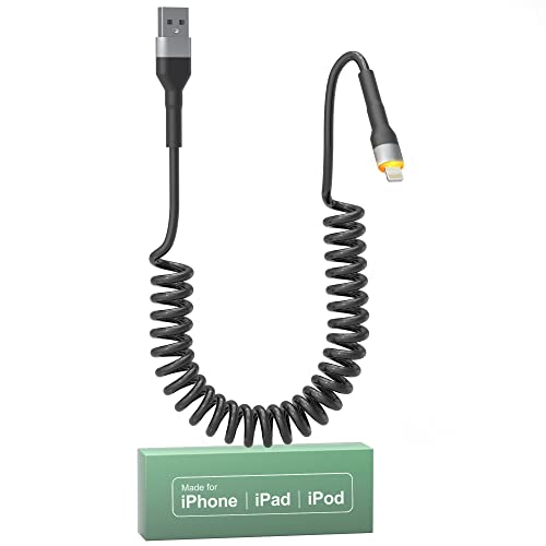 Lightning Apple Carplay Kabel, iPhone Spiralkabel MFi Zertifiziert, iPhone Spiralkabel Kurz mit Datensynchronisation und LED, Lightning Spiralkabel für iPhone/Pad/Pod, Schwarz von KETAKY Plus
