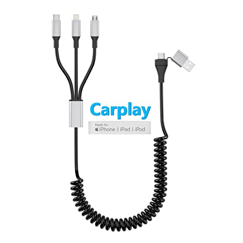 Spiralkabel Apple Carplay Kabel & MFi Zertifiziert, USB C Ladekabel mit Datensynchronisation, USB A/USB C auf 3-in-1 Multi Kabel Typ C+Lightning+Micro Schnellladekabel kurz von KETAKY Plus