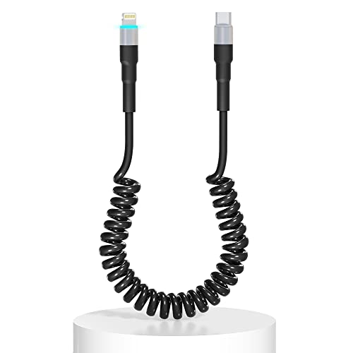 Spiralkabel USB C Auf Lightning Kabel, Apple Carplay & MFi Zertifiziert, Einziehbares USB C Lightning Kabel mit Datenübertragung und LED, Einziehbares USB C auf iPhone Kabel für iPhone/Pad/Pod von KETAKY Plus