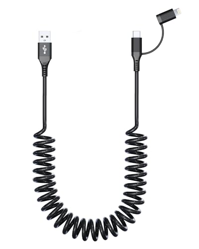 KETAKY Plus Spiralkabel USB auf USB C Lightning Adapter 2 in 1 Kurz iPhone Ladekabel Auto [3A + MFi + Daten] Aple Carplay Kabel & Android Auto Kabel für iPhone 15/14/13/12/Galaxy/Huawei/Android von KETAKY Plus