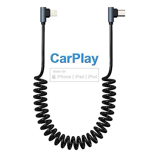 USB C auf Lightning Spiralkabel 90 Grad, MFi Zertifiziert Apple Carplay Kabel,Einziehbares USB C Lightning Kabel mit Datenübertragung,Rechtwinkliges Lightning USB C Spiralkabel Kurz für iPhone/Pad/Pod von KETAKY Plus
