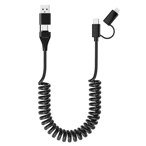 USB C und Lightning Spiralkabel 2 in 1 Android Auto Apple Carplay Kabel[60W PD3A & MFI & Daten]4-in-1 USB A/USB C auf USB C Lightning Kabel Kurz Universal Schnellladekabe für iPhone Laptop Pad Android von KETAKY Plus