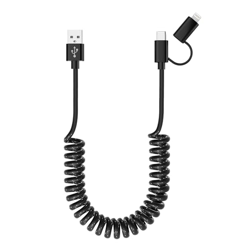 USB auf Lightning und USB C Spiralkabel 2 in 1 Android Auto & Apple Carplay Kabel [3A & MFi & Daten] USB Spiralkabel kurz mit USB C und Lightning Anschluss für iPhone 15/14/13/12/Galaxy/Huawei/Android von KETAKY Plus