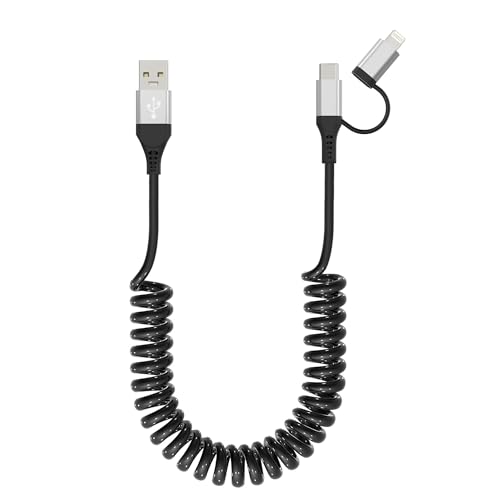 USB auf Lightning und USB C Spiralkabel 2 in 1 Android Auto & Carplay Kabel [3A & MFi & Daten] USB Spiralkabel kurz mit USB C und Lightning für iPhone 15/14/13/12/Galaxy/Huawei/Android, Silber von KETAKY Plus