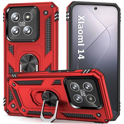 KETGII Handyhülle für Xiaomi Mi 14 Hülle Xiaomi Mi 14 Cover mit Ringständer,Military Grade Outdoor Schutzhülle Stoßfeste Case Bumper Cover für Xiaomi Mi 14 Rot von KETGII