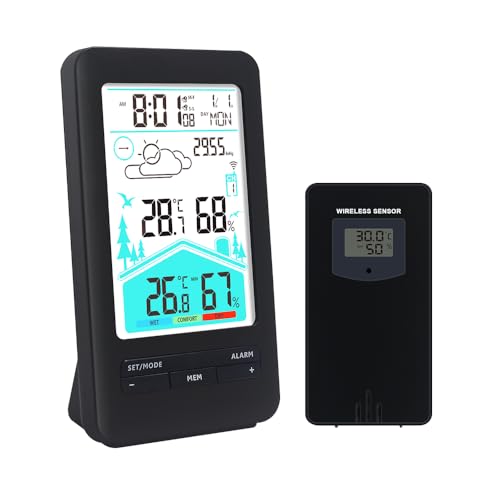 KETOTEK Digital Funk Wetterstation mit Außensensor Innen Außen Thermometer Hygrometer DCF Funkuhr Funkwetterstation mit Wettervorhersage Barometer Duale Wecker von KETOTEK