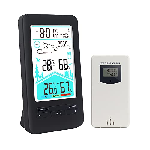 KETOTEK Wetterstation Funk mit Außensensor Innen Außen Thermometer Hygrometer Digital DCF-Funkuhr Funkwetterstation mit Wettervorhersage, Wecker, Barometrisch, Lüftungsempfehlung von KETOTEK