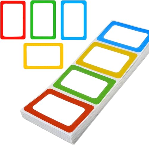 KEWAYO Namensschild Aufkleber 200 Stücke Namen Etiketten Sticker Selbstklebende Bunte Grenz Name Tag Stickers für Schule, Büro, Parteien, Küche, Kinder Kleidung - 89 x 57mm, 4 Farben (Rollen) von KEWAYO