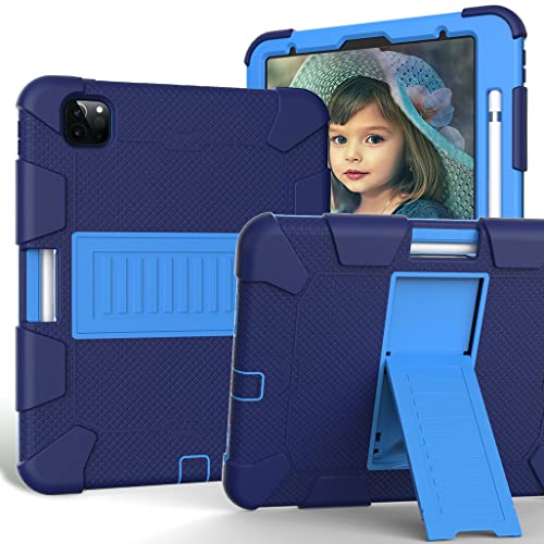 Hülle für iPad Pro 11 Modell 2018/2020/2021 Robuste Stoßfeste Schützende Silikon-Soft Hülle mit Ständer und Stifthalter für Kinder,Navy+Blau von KEYWANTS