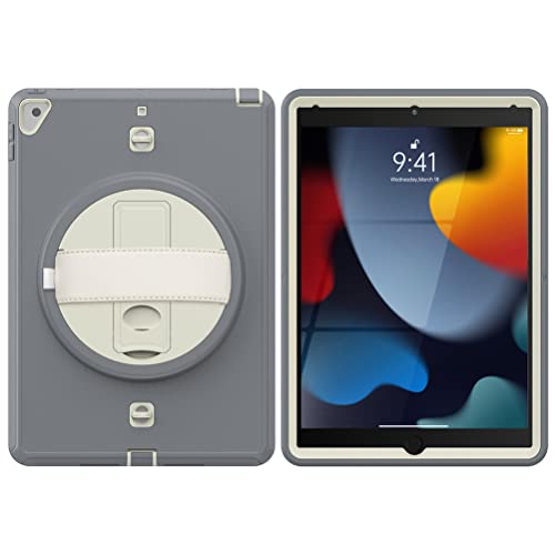 Hülle für ipad 7/8/9 Gen(2019/2020/2021) 10.2" und Air 3 Gen(2019) 10.5" Drehbare 360° Standhülle mit Hand und Schulterriemen,Off White+Grau von KEYWANTS