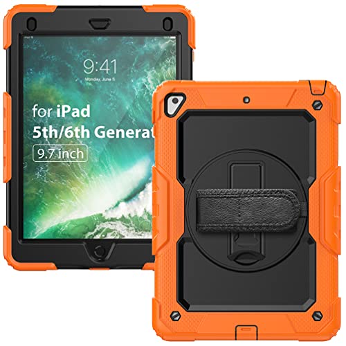 Schutzhülle für iPad 5/6 Generation (2017/2018) 9,7" Tablet Silikon-Fallschutzhülle mit Ständer und 360 Grad Drehbarer Handschlaufe, Orange von KEYWANTS
