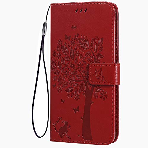 KEYYO Flip Tasche Hülle für Samsung Galaxy A13 4G, Schutzhülle Leder Klapptasche mit Kartenfächer, 3D Katze Baum Muster Folio Handytasche Handyhülle - Rot von KEYYO