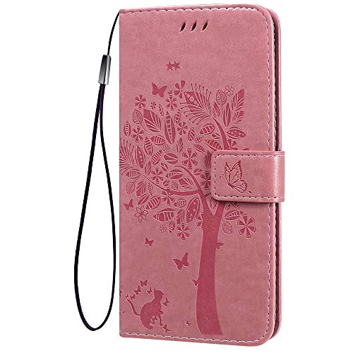 KEYYO Flip Tasche Hülle für Xiaomi Redmi Note 10 5G | Poco M3 Pro, Schutzhülle Leder Klapptasche mit Kartenfächer, 3D Katze Baum Muster Folio Handytasche Handyhülle - Rosa von KEYYO