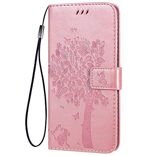 KEYYO Flip Tasche Hülle für Xiaomi Redmi Note 11S 5G / Poco M4 Pro 5G, Schutzhülle Leder Klapptasche mit Kartenfächer, 3D Katze Baum Muster Folio Handytasche Handyhülle - Rose Gold von KEYYO