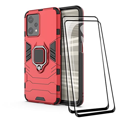 KEYYO Hülle + Displayschutz [2 Stück] für OnePlus Nord CE 2 Lite 5G, TPU/PC Hybrid Stoßfest Armor Bumper Handyhülle [360° Kickstand] mit Panzerglas Schutzfolie, Rot von KEYYO