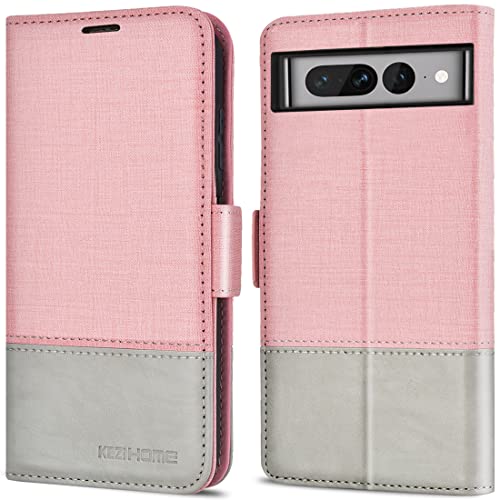 KEZiHOME Case für Google Pixel 7 Pro, Pixel 7 Pro Handyhülle [RFID-Schutz] [Magnet] [Kartenfach], PU Lederhülle Flip Case Stoßfeste Schutzhülle Kompatibel mit Pixel 7 Pro (Rosa/Grau) von KEZiHOME