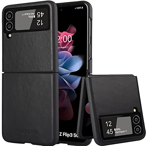 KEZiHOME Case für Samsung Galaxy Z Flip 3, Premium Echtleder Z Flip 3 Handyhülle Flip 3 Case Ultra Dünn Stoßfeste Schutzhülle Kompatibel mit Samsung Galaxy Z Flip 3 5G (Retro Schwarz) von KEZiHOME