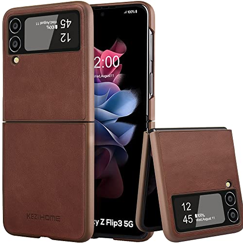 KEZiHOME Für Samsung Galaxy Z Flip 3 Hülle, Z Flip 3 Handyhülle [Premium Echtleder] [Stoßfeste] Flip Case Dünn Ledertasche Schutzhülle Kompatibel mit Samsung Galaxy Z Flip 3 5G (Braun) von KEZiHOME