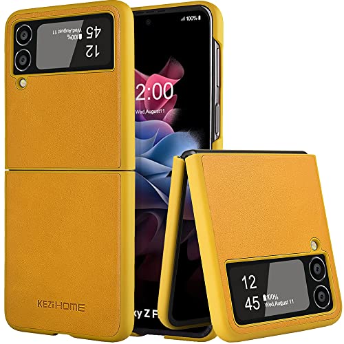 KEZiHOME Für Samsung Galaxy Z Flip 3 Hülle, Z Flip 3 Lederhülle [Premium Echtleder] Ultra Dünn Modisch Flip 3 Case Klappbar Stoßfeste Handyhülle Kompatibel mit Samsung Galaxy Z Flip 3 5G (Gelb) von KEZiHOME