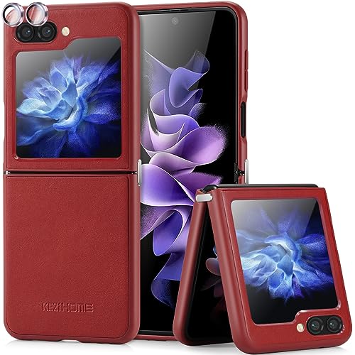 KEZiHOME Handyhülle für Galaxy Z Flip 5 Hülle, Echtleder Flip Z 5 Cover [Kamera&Display Schutzfolie], Metallscharnier Ultra Dünn Case All-Inclusive Stoßfeste Klapphülle mit Samsung Z Flip 5 5G (Rot) von KEZiHOME