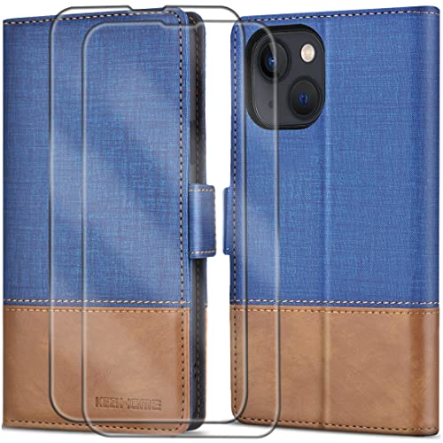 KEZiHOME iPhone 13 Mini 5G Hülle [Panzerglas Schutzfolie] [RFID-Schutz] [Kartenfach], PU Leder Flip Schutzhülle Marineblau/Braun von KEZiHOME