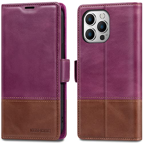 KEZiHOME Handyhülle für iPhone 14 Pro Max, iPhone 14 Pro Max Hülle [Echtes Leder] [Geldfach] RFID-Schützt Flip Case Stoßfeste Klapphülle Kompatibel mit iPhone 14 Pro Max 5G (6,7 Zoll) (Violett/Braun) von KEZiHOME