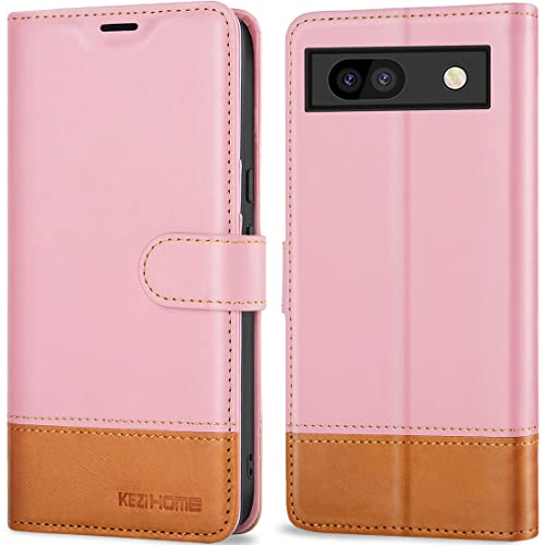 KEZiHOME Hülle für Google Pixel 7A Handyhülle Klapphülle Stoßfeste Schutzhülle PU Leder Tasche Case RFID Cover Kompatibel für Pixel 7A 5G mit [Magnetverschluss] [Ständer] [Kartenfächern] (Rosa/Khaki) von KEZiHOME
