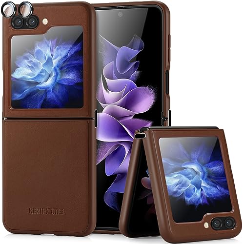 KEZiHOME Hülle für Galaxy Z Flip 5 Case, Handyhülle Flip 5 mit Scharnier-Verbinder [Echtes Leder] [Kamera & Display Schutzfolie] Dünn Ledertasche Stoßfeste Schutzhülle für Samsung Z Flip 5 5G (Braun) von KEZiHOME