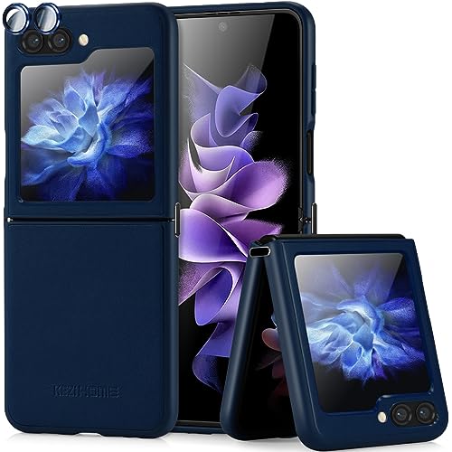 KEZiHOME Hülle für Galaxy Z Flip 5 Handyhülle, Echtleder Case mit [Flip5 Kamerafolie] [Display Schutzfolie] Metall-Scharnier Leicht Cover Stoßfeste Schutzhülle mit Samsung Z Flip 5 (Dunkelblau) von KEZiHOME