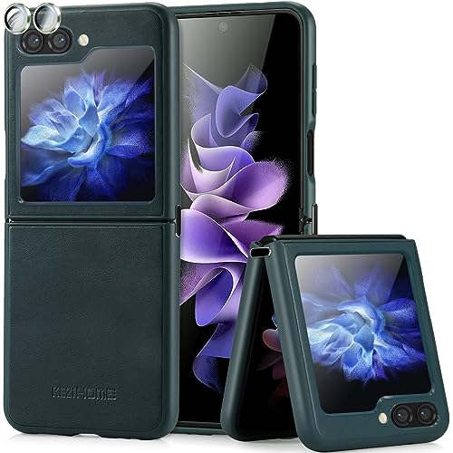 KEZiHOME Hülle für Galaxy Z Flip 5 Handyhülle, Premium Echtleder Case [Flip5 Kamera & Display Schutzfolie] Metall-Scharnier Leicht Cover Stoßfeste Schutzhülle Kompatibel mit Samsung Z Flip 5 (Grün) von KEZiHOME