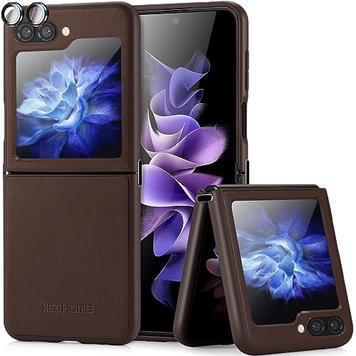 KEZiHOME Hülle für Samsung Galaxy Z Flip 5, Stoßfeste Schutzhülle Flip 5 Cover [Kamera&Display Schutzfolie] Metallscharnier TPU, Dünn Echtleder Handyhülle Klapphülle Kompatibel mit Z Flip 5 5G(Kaffee) von KEZiHOME