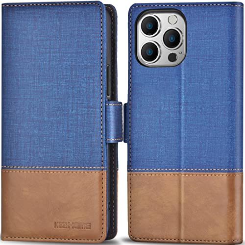 KEZiHOME Hülle für iPhone 13 Pro Max Flip Case, Schutzhülle [Panzerglas Schutzfolie][RFID Schützt][Magenet], PU Lederhülle Klappbar, Schutzhülle kompatibel mit iPhone 13 Pro Max 5G (Marineblau/Braun) von KEZiHOME