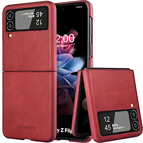 KEZiHOME Lederhülle für Samsung Galaxy Z Flip 3, Handyhülle Samsung Z Flip 3 5G [Premium Echtleder] [Stoßfeste] Ultra Dünn Flip 3 Case Klapphülle Kompatibel mit Samsung Galaxy Z Flip 3 (Rot) von KEZiHOME