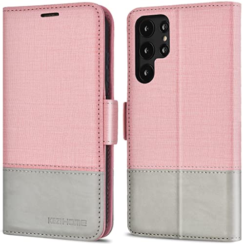 KEZiHOME Samsung S22 Ultra Hülle, Handyhülle für Galaxy S22 Ultra [RFID Schützt] [Kartenfächer] [Standfunktion] Premium PU Leder Flip Stoßfeste Schutzhülle für Samsung Galaxy S22 Ultra (Rose/Grau) von KEZiHOME