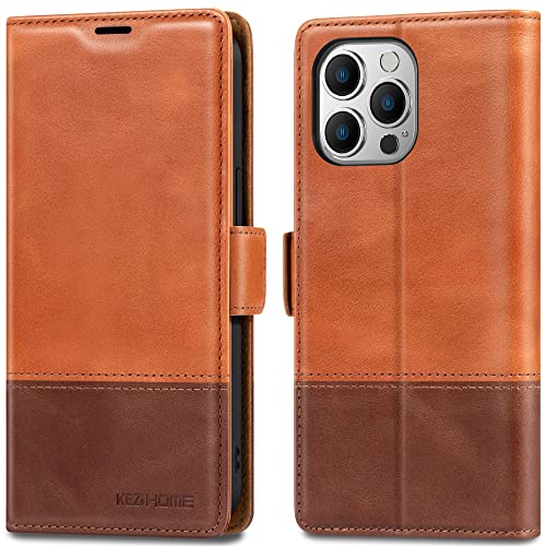 KEZiHOME iPhone 14 Pro Max Hülle, iPhone 14 Pro Max Handyhülle [Echtleder] [RFID-Schützt] [Kartenfach] Flip Case Brieftasche, Stoßfeste Schutzhülle Kompatibel mit iPhone 14 Pro Max 5G (Khaki/Braun) von KEZiHOME