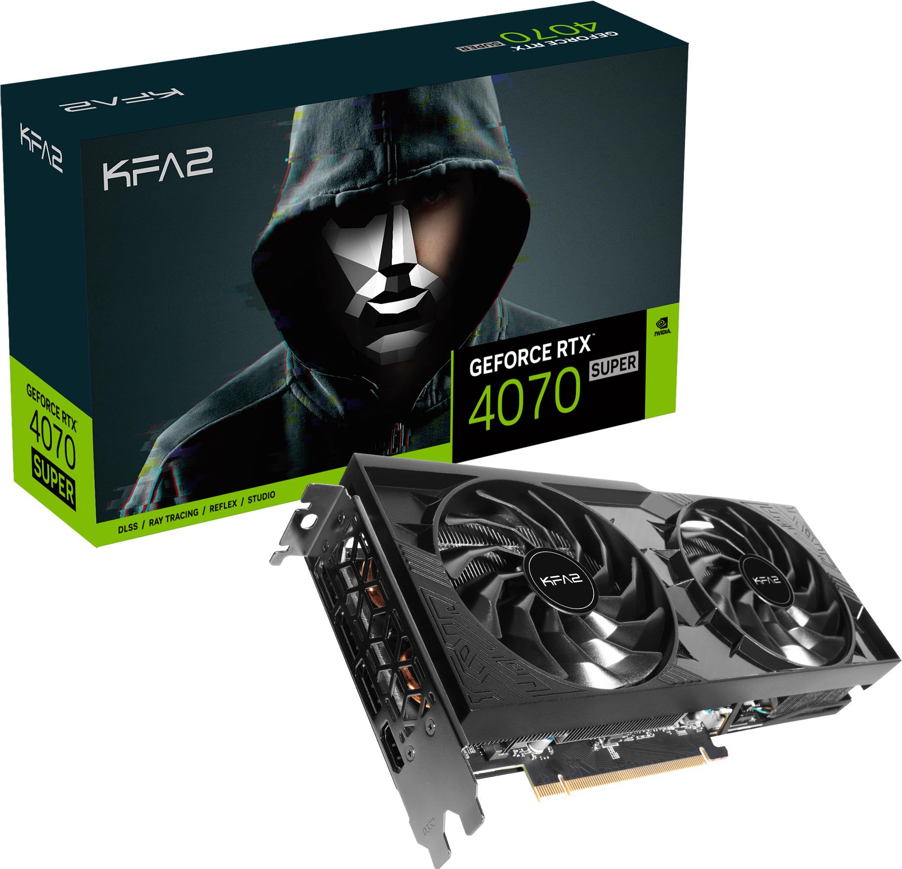 KFA2 GeForce RTX 4070 Super 2X 1-Click OC 12GB - 12GB GDDR6X, 1x HDMI, 3x DP - Chipsatz: NVIDIA GeForce RTX 4070 Super / Speicher, 12288 MB GDDR6X / Chiptakt: MHz / Boost: MHz / Stromanschluss: / Leistungsaufnahme: Watt (47SOM7MD9PSK) von KFA2