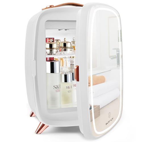 KFO Tragbarer gespiegelter Schönheitskühlschrank mit LED-Beleuchtung, 6 Liter tragbarer Minikühlschrank für Make-up, 4 Liter/6 Kann 3 LED Spiegel Licht Modus, für Make-up Storag von KFO
