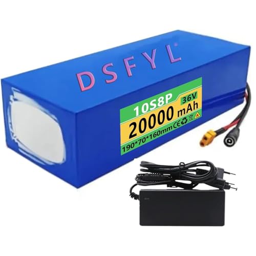 E-Bike-Akku, 36 V, 20 Ah, 10.000 mAh, 10S8P, Elektrofahrrad, Li-Ion-Pack, BMS für 250 W – 800 W Motor mit XT60-Stecker + Ladegerät von KHUKHU